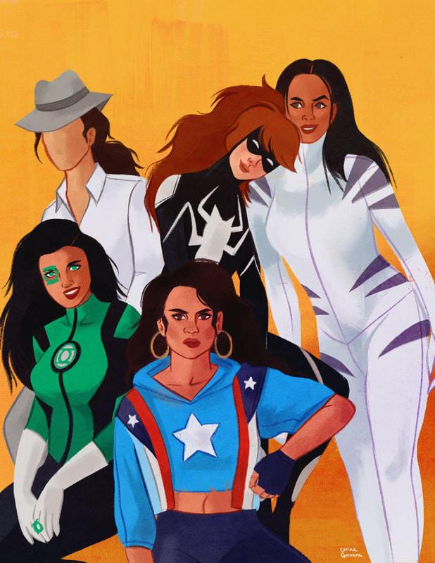 Portrait of female Latinx Superheroes 
America Chaves (Miss America), Jessica Cruz (Green Lantern), Renee Montoya (The Question), Anya Corazón (Spider-Girl), Ava Ayala (White Tiger)