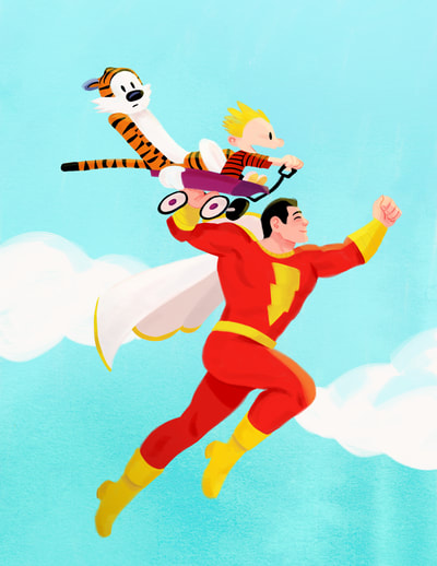 Calvin and Hobbes flying with Shazam by Carina Guevara
